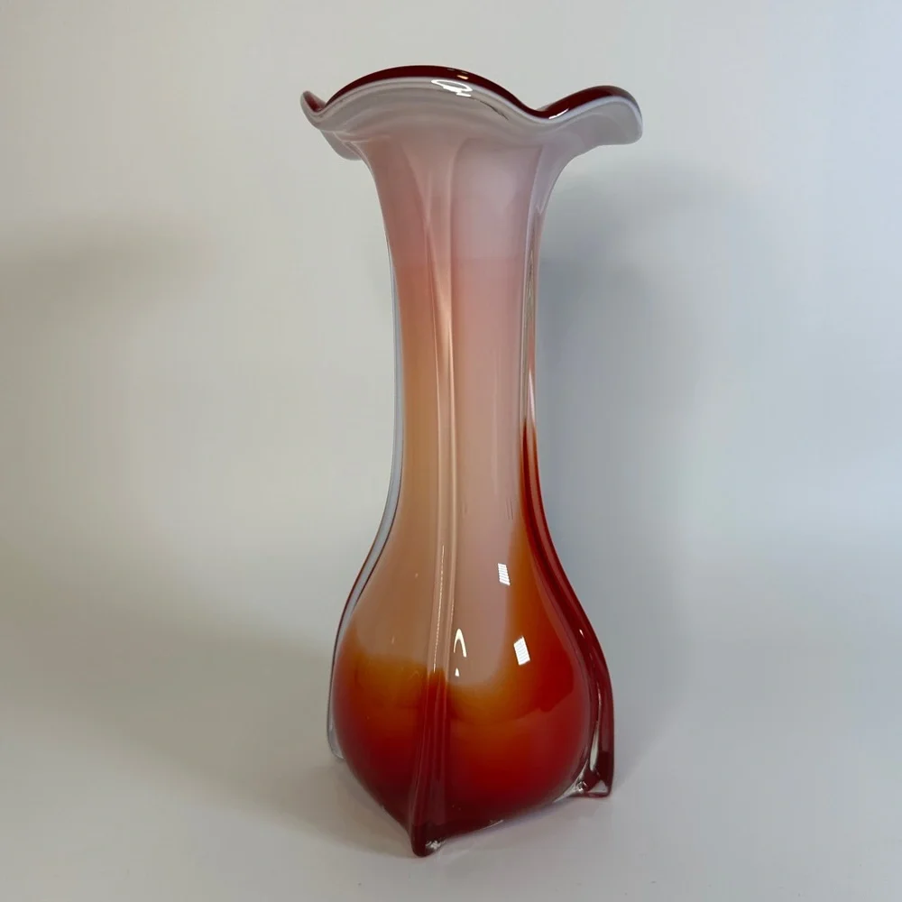 VTG Ruffled Ombre White Orange‎ Red Flower Vase Murano Style Art Deco 8”